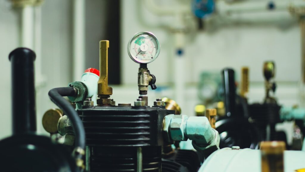 Close-up of a mechanical air compressor