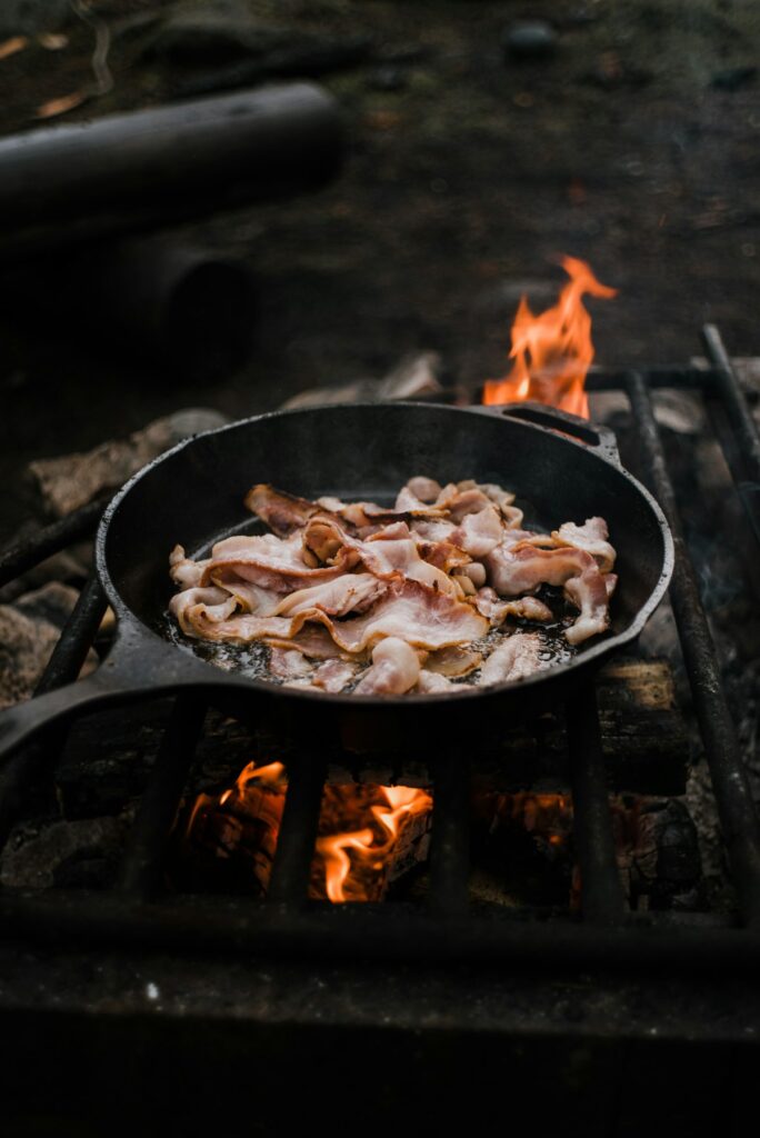 Cast iron skillet over an open fire
