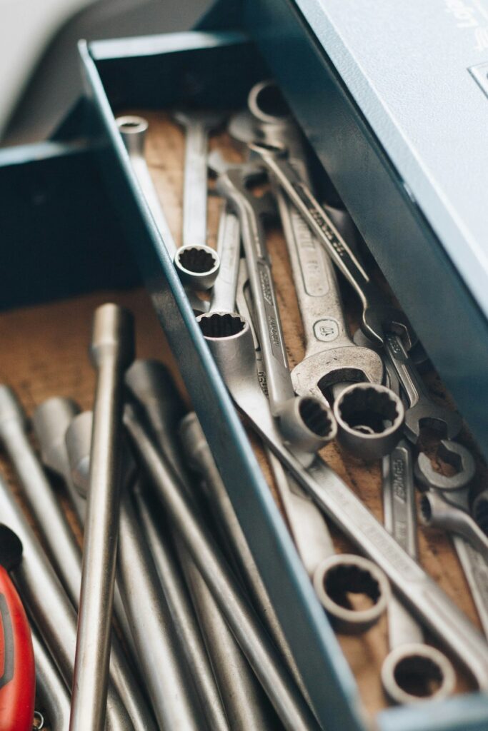 Wrenches and tools in a toolbox